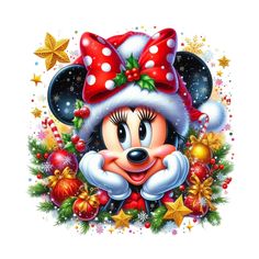 minnie mouse with christmas decorations and stars around her head, wearing a santa claus hat