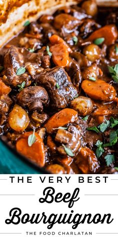 the very best beef bourguignon recipe is shown in front of bread and vegetables