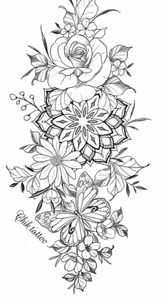 a black and white drawing of flowers with the word love on it's side