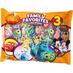 an orange bag filled with cartoon character lollipops