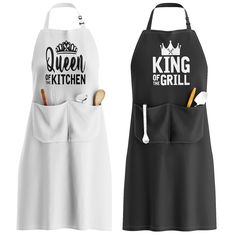 two aprons with the words queen of the kitchen and king of the grill printed on them