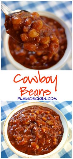 a bowl filled with beans and sauce on top of a blue checkered table cloth