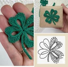 crocheted shamrock brooch in the palm of someone's hand, next to an image of four leaf clover