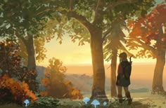 a painting of a person standing in the woods looking out at the sunset and trees