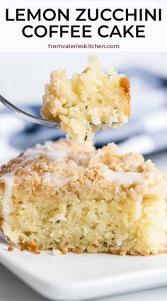 a piece of lemon zucchini coffee cake on a white plate with a fork