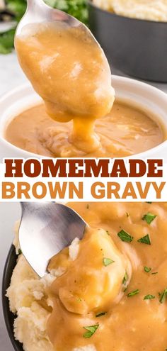 homemade brown gravy is being spooned into a bowl with mashed potatoes