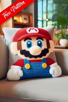 Crochet Mario Pillow Mario Pillow, Animal Pillows Pattern, Crochet Mario, Mario Crochet, Crochet Game, Crochet Pillow Pattern, Crochet Pillows, Crochet Cushions, Crochet Pillow