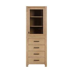 a tall wooden cabinet with two drawers and one door open on the bottom shelf, against a white background