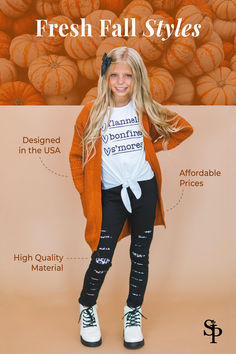 Young girl in a 'Flannel, Bonfires, S'mores' graphic tee with an orange cardigan and ripped leggings. Featuring fresh fall styles with high-quality material at affordable prices from Sparkle In Pink. Sparkly Sandals, Fall Styles, Ready For Fall