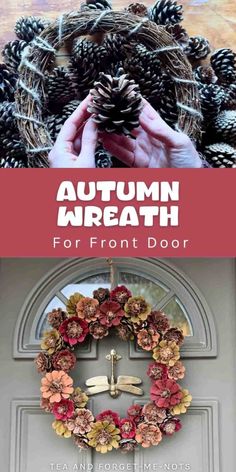 the front door is decorated with autumn wreaths and pine cones for fall decorating