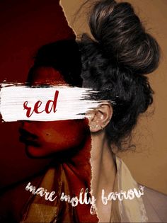 a woman with her hair pulled back and the words red painted on it