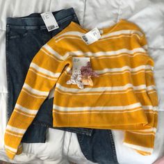 All In Brand New Condition. Cropped Sweater, Jeggings And Hair Ties. Cute Stretch Yellow Tops, Cute Yellow Stretch Tops, Cute H&m Crew Neck Top, Cute Striped Tops For Fall, Cute Striped Fall Tops, Stretch Tops For Spring School Wear, Stretch Tops For School In Spring, Trendy Tops For School In Fall, Cute Tops For School In Fall