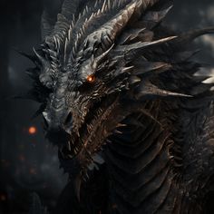 a close up of a dragon with orange eyes