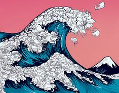 a drawing of an ocean wave with lots of trash floating in the air above it