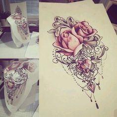 three pictures of roses on paper and one with an intricate design, the other in pink