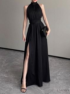 Lasaky - Elegant Black Maxi Dress with Halter Neck, Side Slit, and Sleeveless Design - Perfect for Date Nights, Special Occasions, and Formal Events Halter Top Dress Formal, Halter Dress Formal, Dress With Halter Neck, V Neck Black Dress, Gathered Maxi Dress, Terry Cloth Dress, Long Halter Dress, Black Halter Top, Halter Top Dresses