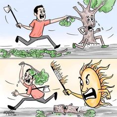 two cartoon images one shows a man running while the other has a brush and broom in his hand