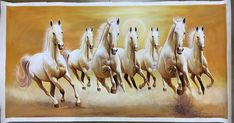 a painting of five white horses running in the desert with an orange sky behind them