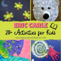 collage of arts and crafts for kids with text overlay reading eric carle 20 activities for kids