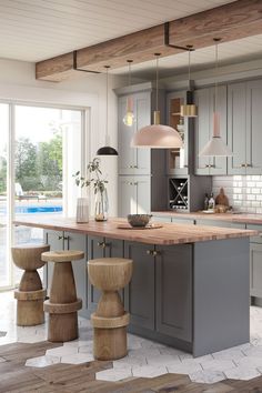 a kitchen with grey cabinets and wooden stools