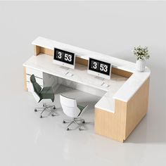 an office desk with three clocks on the top and two chairs in front of it