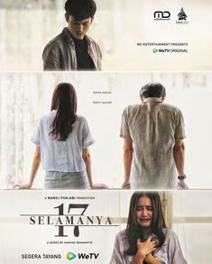 the movie poster for seven steps is shown in three different languages, including one with an image of a man and woman standing next to each other