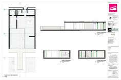 an architectural drawing shows the floor plan for a building with multiple levels and different sections