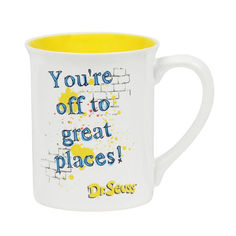 a yellow and white coffee mug with the words you're off to great places