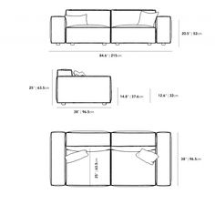 an outline drawing of a couch with two seats and one arm facing the same direction