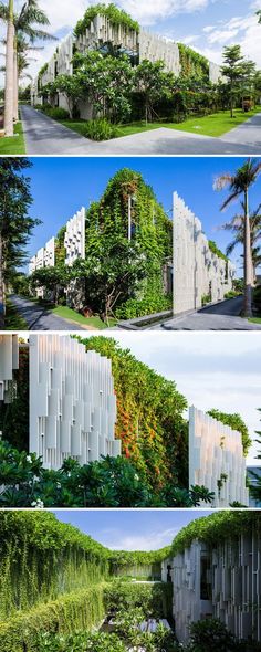 four different views of the same building with trees and bushes on each side, one in white