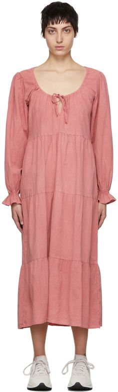 Long sleeve woven cotton mid-length dress in pink. · Drawstring at scoop neck collar · Gathering at elasticized cuffs · Tiered construction Supplier color: Mesa Gowns For Mothers, Vintage Loungewear, Victorian Nightgown, Sleep Gown, Muumuu Dress, Knitted Lace, Cotton Nightgown, Pajama Dress, Cotton Sleepwear