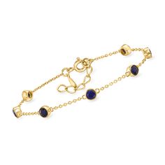 Ross-Simons - 2.50ct t. w. Bezel-Set Sapphire Station Bracelet Over Sterling. 7". Classic color in a simple style, our chic bracelet stations 2.50 ct. t. w. round bezel-set sapphires along an 18kt yellow gold over sterling silver cable chain with a 1" extender. Springring clasp, bezel-set sapphire station bracelet. Sapphire birthstones are the perfect gift for September birthdays. Sapphire Birthstone, Station Bracelet, Chic Bracelet, Sapphire Color, Jewelry Essentials, Sapphire Bracelet, Fine Jewelry Bracelets, Sapphire Stone, Bracelets And Charms