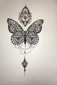 a black and white drawing of a butterfly with intricate designs on it's wings