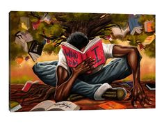 a painting of a man reading a book under a tree with books falling from it