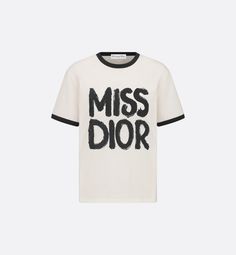 The T-shirt features the black Miss Dior Graffiti motif, a nod to the 1967 debut ready-to-wear collection and a manifesto to Maria Grazia Chiuri's signature celebration of feminism. Crafted in white cotton and linen jersey, the classic crew-neck design is enhanced by contrasting trim. The T-shirt will complete a variety of outfits in any season and can be paired with other Miss Dior Graffiti creations.. Dior Tshirt, Dior T Shirt, Denim Swimsuit, Dior Shirt, Dior Star, Style Moodboard, Maria Grazia Chiuri, Contrasting Trim, Short Denim