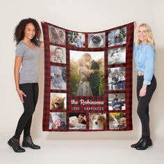 two women standing next to each other holding up a blanket with photos on the front