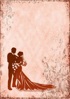 a bride and groom are silhouetted against an old paper background with floral designs on it