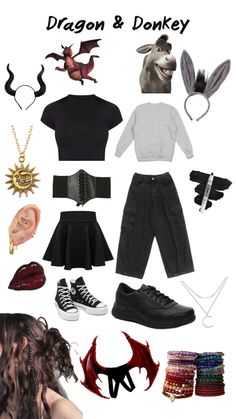 a collage of different outfits and accessories including shoes, headbands, hair