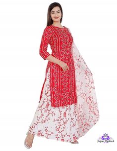 This beautiful full size kurta with Skirt are made of cotton fabric so it will be comfortable and stylish. We bring to you this "Rajasthani Bandhej" print cotton fabric long size kurti set for Young Girls & Women. Give yourself a best ethnic look by wearing this kurta set made in India, this is a Regular-Fit and Formal Kurti. This is light weight cotton material Kurta set and it will be soft on your skin. Suitable for Daily Wear in Home, Office, College, Family, Meetings, and Festive Occasions e Fitted Red Cotton Set, Fitted Red Cotton Sharara, Traditional Red Sharara For Summer, Designer Dress For Women, Kurti With Skirt, Bandhej Print, Kurta Skirt, Rayon Skirt, Kurti Sets