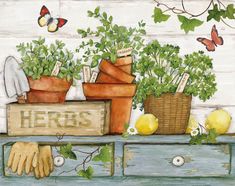 a painting of potted plants on top of a wooden box with butterflies flying above