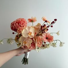 a bouquet of flowers being held by a person's hand on a white background