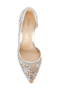 Sparkling crystals create an ornate pattern on a half d'Orsay pump that completes your look with undeniable glamour. 4" heel Textile upper/synthetic lining and sole Imported Silver Heels With Rhinestones For Reception, Silver Glamorous Heels For Reception, Glamorous Silver Heels For Reception, Glamorous High Heel Shoes For Reception, Glamorous High Heel Heels For Reception, Luxury Rhinestones Heels For Reception, Elegant Rhinestones Heels For Reception, Elegant Silver Heels For Reception, Ornate Pattern