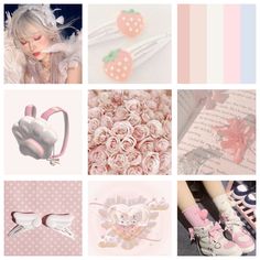 a collage of images with pink and white items in them, including shoes, flowers, hearts, roses, hair clips, an earrings