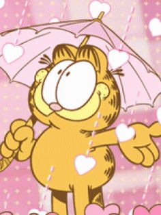 a cartoon cat holding an umbrella in the rain with hearts all around it and pink background