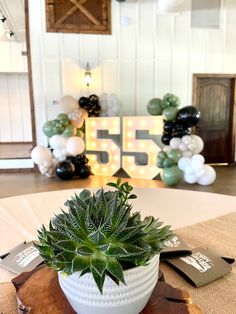 a small potted plant sitting on top of a wooden table next to a sign