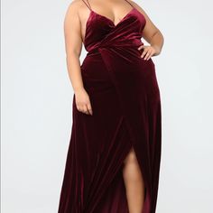 Fashion Nova Burgundy Color Dress V-Neck Criss Cross Back Thigh High Slit Velvet Fabric 90% Polyester 10% Spandex Burgundy Color Dress, Burgundy Lingerie, Plus Size Mermaid, Designer Party Dresses, Burgundy Fashion, Funky Style, Curvy Fashionista, Satin Sleepwear, Lingerie Plus