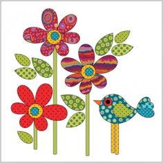 two colorful flowers and one bird are on the same pole with polka doted dots