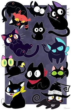 a bunch of cartoon cats with different expressions on their faces and eyes, all in various colors