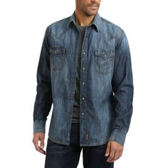 Ideal for casual, laid back events, the Wrangler Retro Blue Denim Long-Sleeve Western Shirt for Men is great for nights of dancing or heading to the rodeo. Constructed of lightweight denim, this shirt pairs well with just about any outfit, featuring Western yokes, a 7-button placket, and double-needle stitching for a classic Western look. Machine wash. Imported.  Manufacturer style #: MVR458.   100% cotton denim  Lightweight  Clean, worn wash  Western yokes  7-button placket  Double-needle stitc Western Denim Shirt, Long Sleeve Kids, Retro Men, Wrangler Jeans, Look Vintage, Retro Shirts, Western Shirt, Slim Fit Shirt, Retro Stil