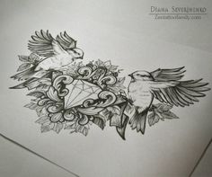 two birds flying next to each other on top of paper